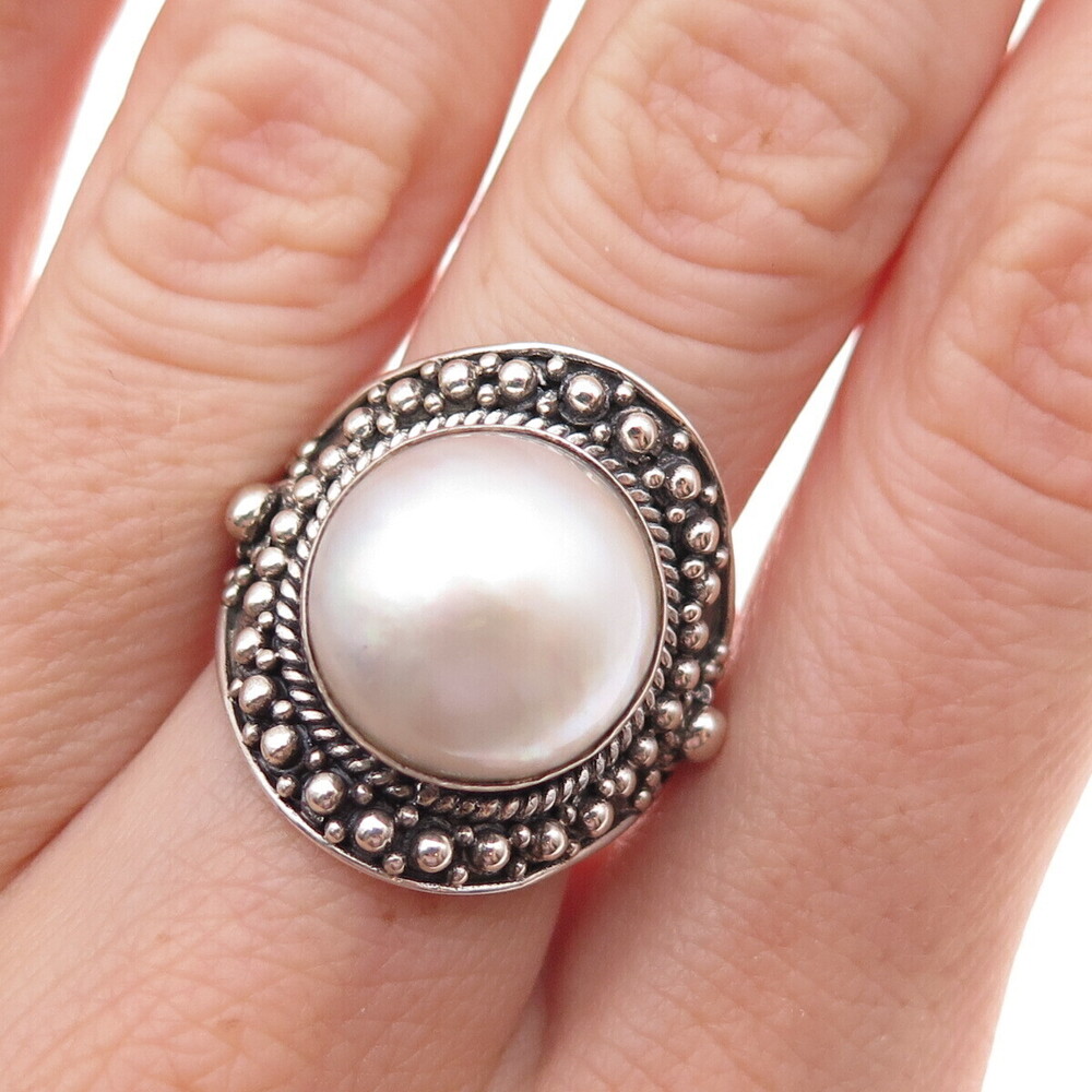 925 Sterling Silver Vintage Real Pearl Modernist Beaded Oxidized Ring Size 9.25